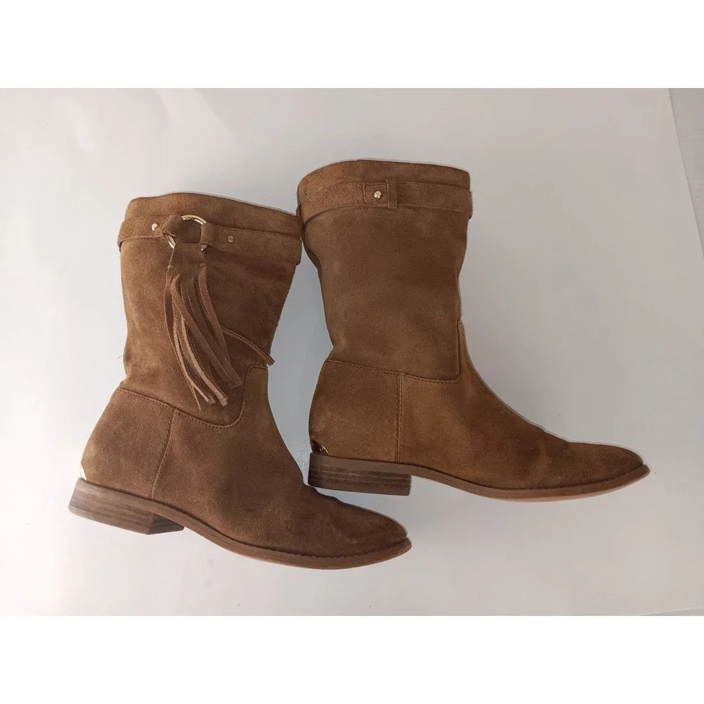 Michael Kors Rhea  Brown Suede Mid Calf Fringe Boots Shoes Tassel 8M